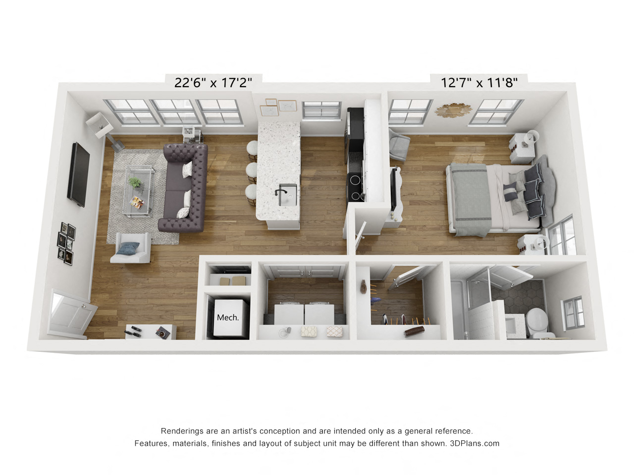 Floor plan for 1 bed, 1 bath, 607 sqft